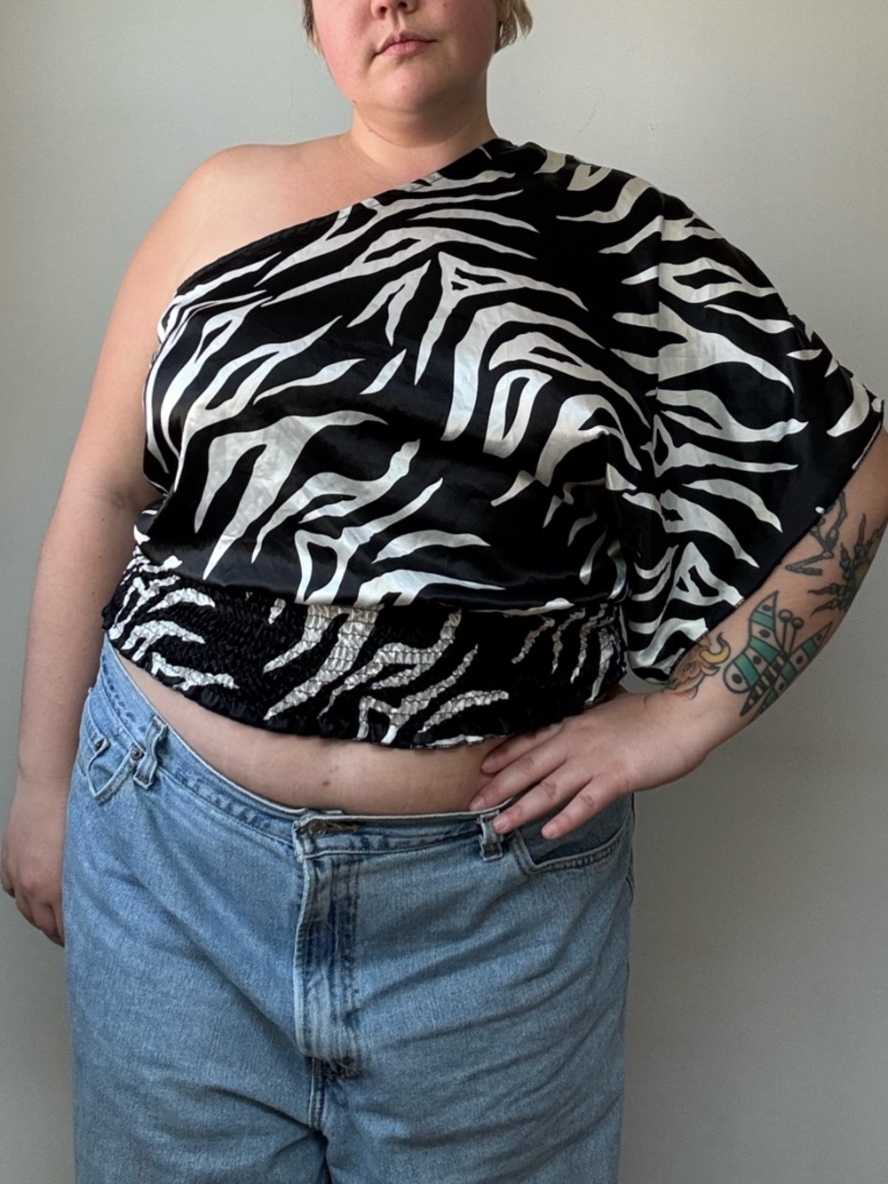 One-Shoulder Zebra Print Top